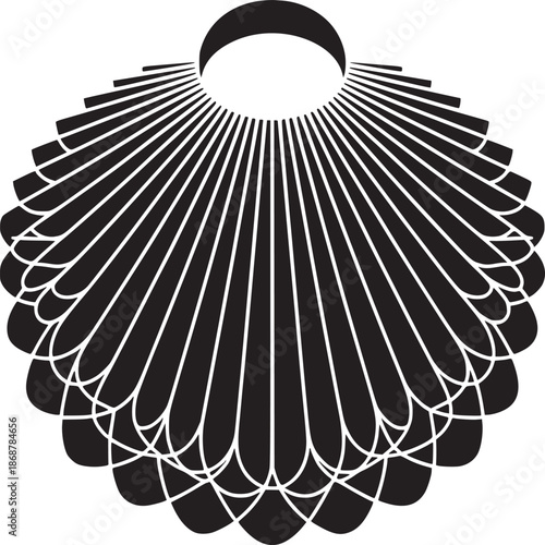 A graphic design featuring a black and white circular pattern resembling a stylized collar or shell shape