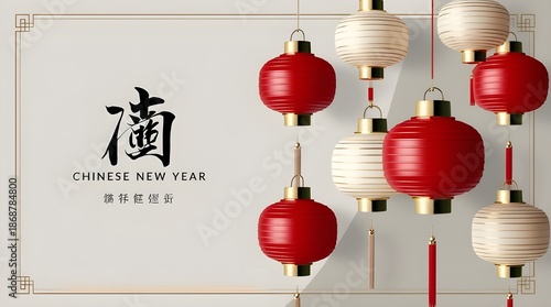 Elegant Chinese New Year Lanterns And Red Gold Decor For Festive Celebration – Bright Hanging Ornaments, Traditional Symbols, Modern Studio Display