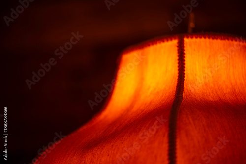 8k photo of a curvy retro rustic lampshade. Close up detail shot of leather lamp. Warm orange lighting. Night time shot.