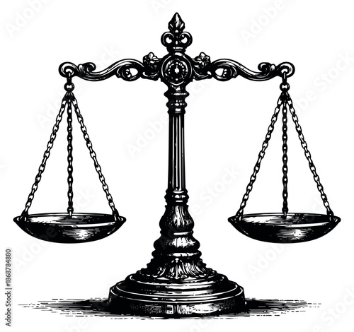 Hand drawn line art illustration of a balance scale depicting justice and equality for legal and ethical concepts