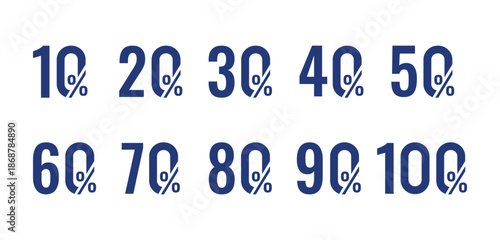 Blue Numbers 10 to 100 Percent Symbols isolated on transparent background