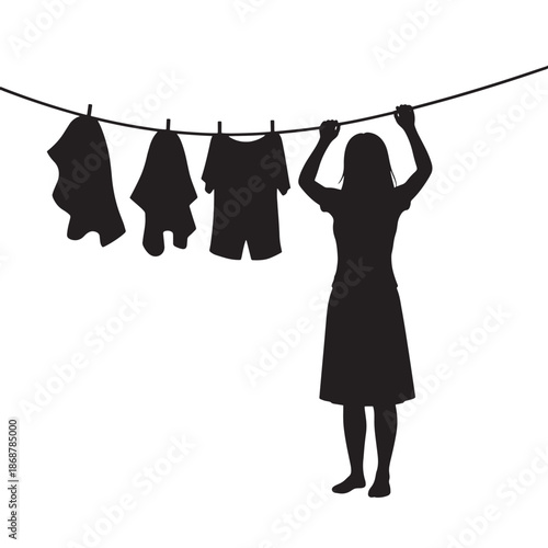 Woman Hanging Laundry Clothesline Silhouette Housewife Chores Daily Life Domestic Task