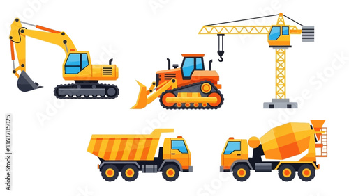 Construction Equipment Set with Heavy Machinery Vehicles.