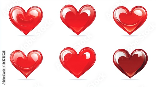 A set of shiny red heart icons on a white background