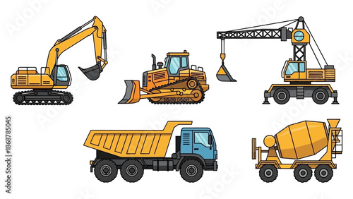 Construction Vehicles Excavator Bulldozer Crane Dump Truck.