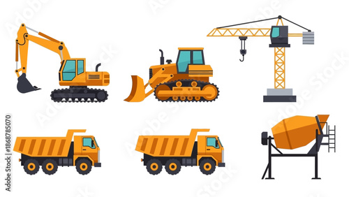 Heavy Construction Machinery Equipment Vehicles Set.