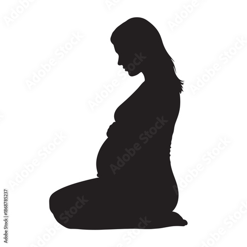 Kneeling Silhouette of Pregnant Woman Profile View Illustration on White
