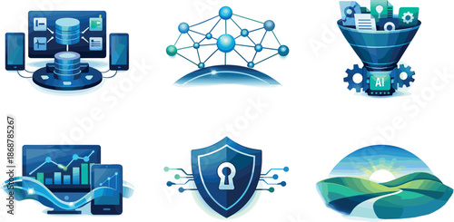 Knowledge Management Ecosystem. End-to-end knowledge management ecosystem illustration showcasing organizational intelligence, six