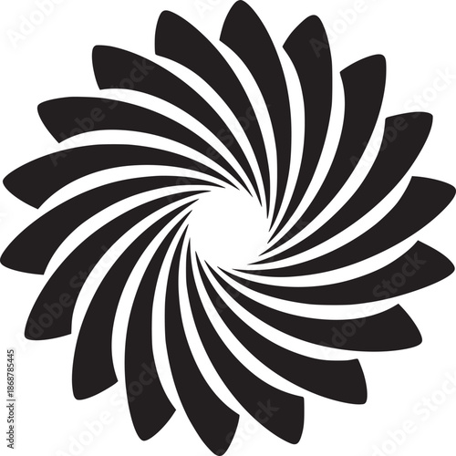A black and white graphic design featuring a spiral pattern resembling a stylized flower or vortex