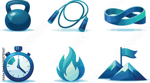 Fitness Symbol Illustration. Dynamic workout composition expressing balanced physical training, six symbolic objects arranged in