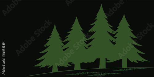 Minimal pine forest silhouette on dark background. Evergreen conifer trees in simple flat vector style. Nature landscape graphic ideal for branding, posters, and  design.