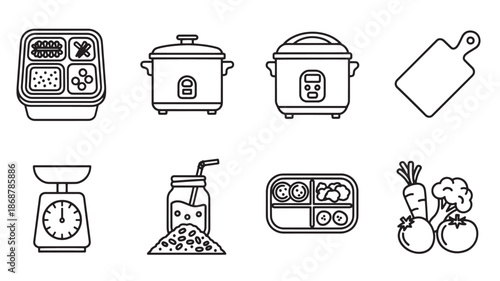 Food Container Pot Scale and Vegetable Icon Set Symbol Sign Outline Vector