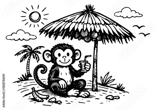 Hand drawn line art illustration of a monkey depicting a tropical beach scene with a drink for summer vacation