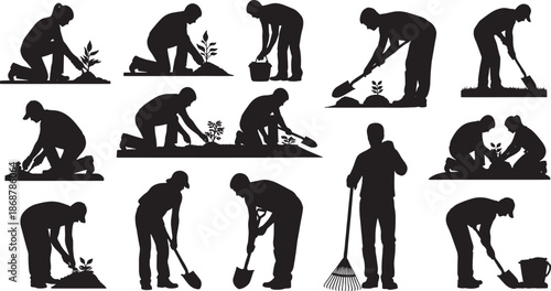 Set of people gardening silhouettes, farmers planting trees, digging soil, and working with shovels for landscape design, agriculture projects, and environmental rendering.