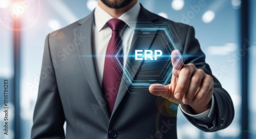 Wallpaper Mural Businessman touches futuristic erp interface in a modern corporate setting Torontodigital.ca