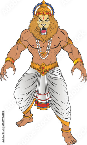 Angry Lord Narasimha vector illustration, Fierce Hindu God Vishnu Lion Avatar mascot design