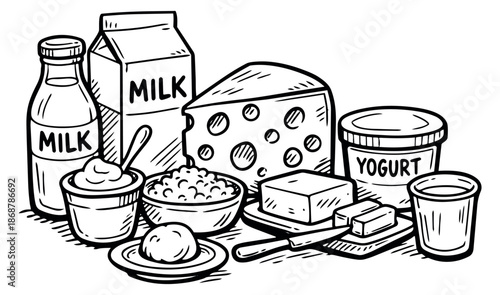 Hand drawn line art dairy product set featuring milk, cheese, yogurt, butter, cottage cheese, and sour cream for a food and nutrition concept