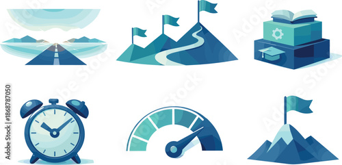 Career Planning Symbols. Intentional career mapping composition expressing future professional planning, six symbolic objects
