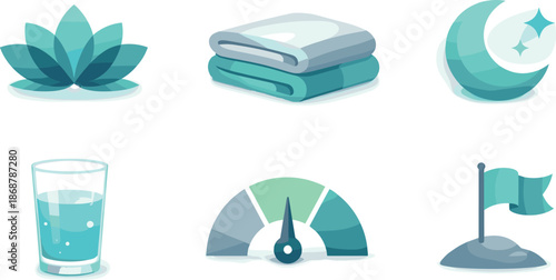 Seasonal Self-Care Symbols. Mindful comfort composition expressing seasonal self care balance, six symbolic objects arranged in