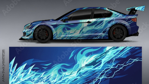 A blue sports car with a dynamic custom wrap featuring electric blue flames, lightning, and ice shards.