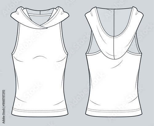 Women Hooded Tank Top Technical Fashion Illustration. Sleeveless Top fashion flat technical drawing template, fitted, front and back view, white, women CAD mockup.