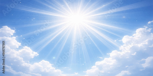 A bright summer sun shines through white clouds in a beautiful clear blue sky, creating a sunny nature cloudscape filled with radiant light and high heaven beauty