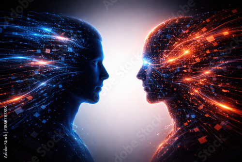 Conceptual illustration of human bias amplified by artificial intelligence, showing how pre-existing human assumptions and cognitive distortions are reinforced by AI systems