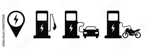 Electric vehicle charging station icons with car and motorcycle isolated on transparent background