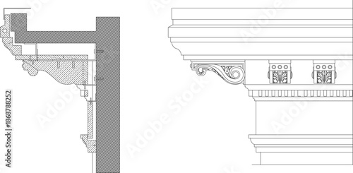 Technical vector of an architectural cornice, featuring a detailed cross-section of wall mounting and ornate front profile.