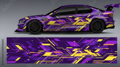 Modern car wrap design featuring abstract geometric patterns in vibrant purple and yellow colors, ideal for vehicle customization.