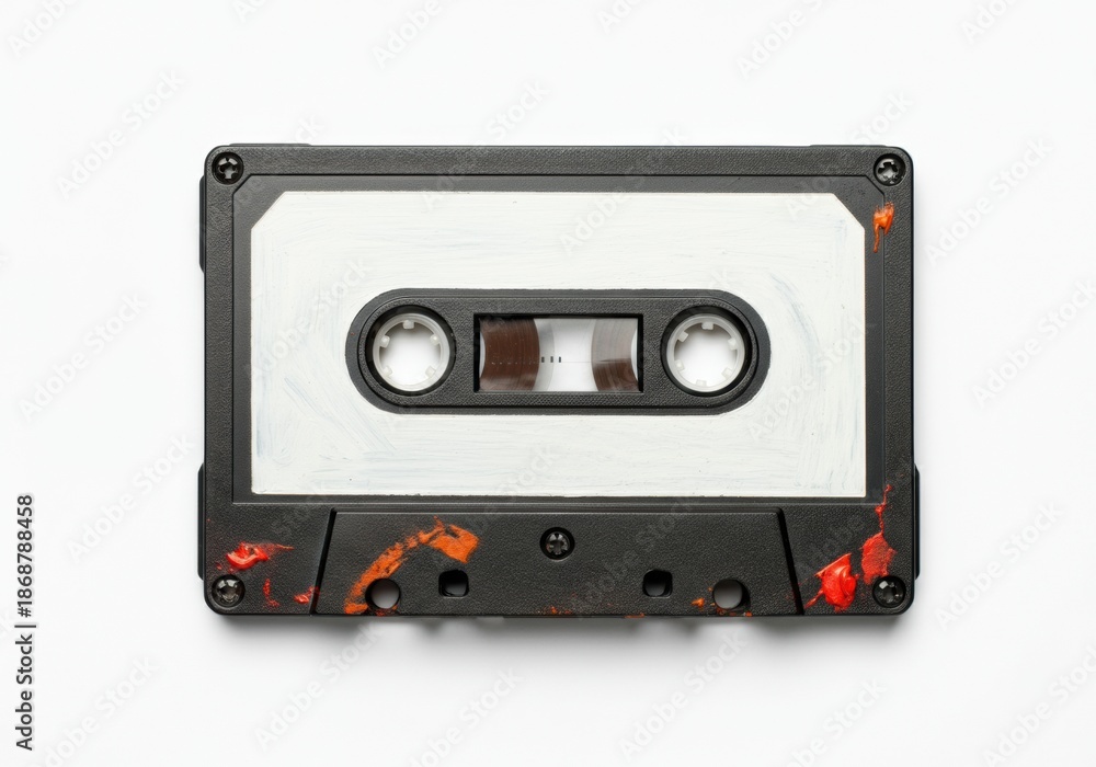 Fototapeta premium Cassette tape with orange paint splatters centered on clean white background
