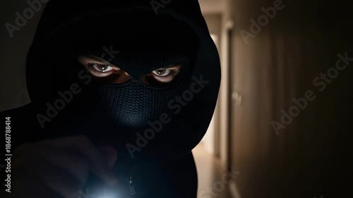 Caucasian man in ski mask with flashlight lurking in dark corridor for house robbery concept