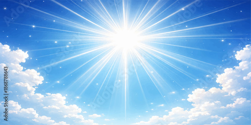 Bright blue sky with white clouds and the summer sun shining with golden rays and a bright lens flare against a natural weather backdrop