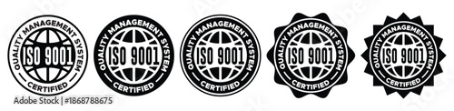 ISO 9001 Certified Quality Management Label and Badge Vector Set
