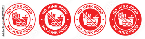 No Junk Food Prohibition Label and Badge with Healthy Eating Symbol Vector