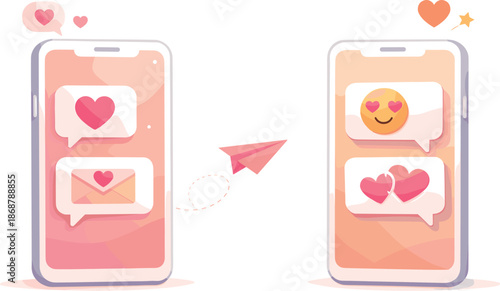 Minimalist Romantic Texting. Minimal phone screens forming a romantic dialogue through visual symbols, modern flat vector