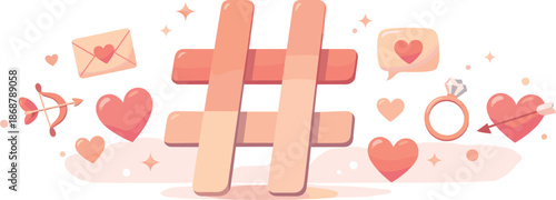 Hashtag Love Symbols. Minimal hashtag marks surrounded by floating romantic symbols and hearts, modern flat vector illustration