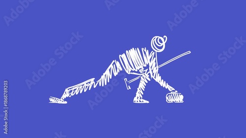 Horizontal 4K video. Cartoon loop animation. Line art doodle hand drawn curling player slides on sheet of ice and throws granite stone also called rocks. Concept of winter sports competition, win
