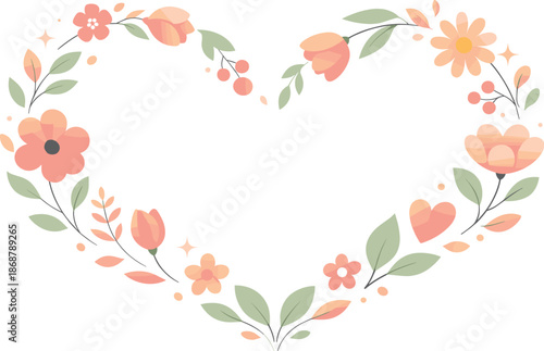 Floral Love Illustration. Minimal floral elements arranged into a symbolic heart-shaped flow, modern flat vector illustration