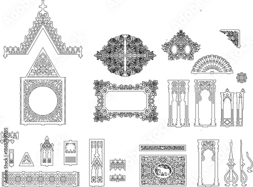 Intricate vector collection of traditional architectural ornaments, featuring gable decorations, carved frames, and motifs.