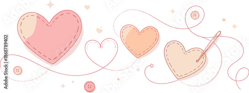 Minimal Stitched Hearts. Minimal stitched hearts illustrated with looping thread paths and calm spacing, modern flat vector
