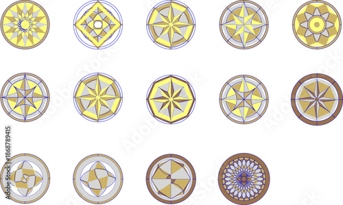 Technical vector of various radial ornaments, featuring compass rose designs, stained glass patterns, and geometric mandalas.