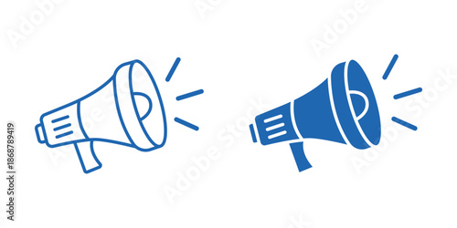 Blue megaphone icons outline and filled isolated on transparent background