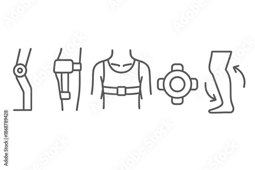 Rehabilitative Exoskeleton Design Elements. Line vector icons of rehabilitative movement exoskeleton: knee hinge, hip assist block