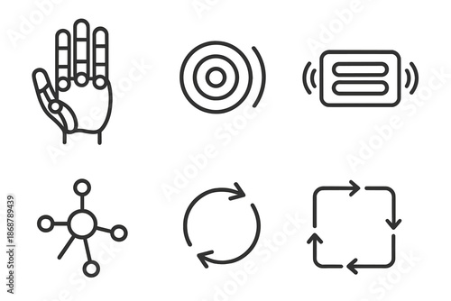 Bionic Hand Iconography. Line vector icons of haptic-enabled bionic hand: finger joints, receptive sensor, vibration plate, neural