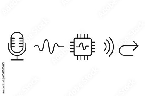 Line Vector Audio Icons. Line vector icons of artificial announcer audio: mic capsule, smooth wave path, digital chip, radiating