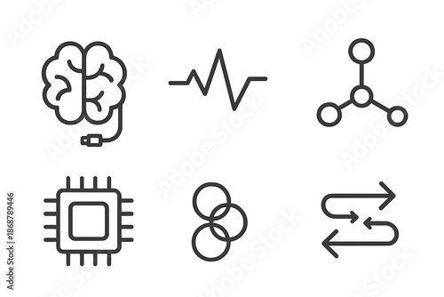 Mind-Machine Connection Icons. Line vector icons of mind-to-machine connection: simplified brain, neural pulse, connector node,