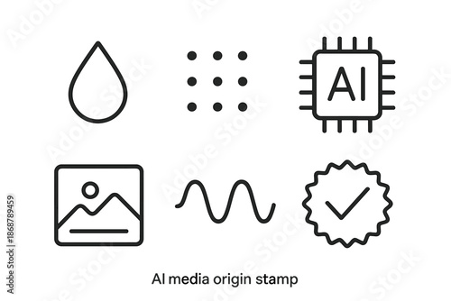 AI Media Icons. Line vector icons of AI media origin stamp: tiny drop icon, digital dots, processor hint, content box, wave stripe