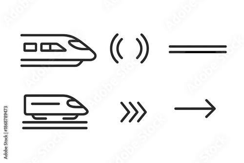 Levitating Rail Vehicle. Line vector icons of levitating rail vehicle: sleek train body, hover gap, magnet arcs, linear track,