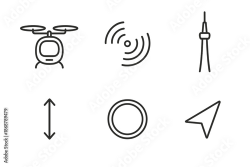 Futuristic Air Taxi Icons. Line vector icons of airborne metropolitan cab: compact flight pod, propeller arcs, tower outline, lift